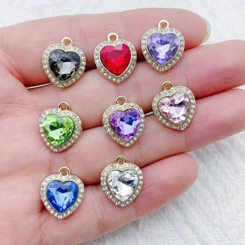 Drop Earrings - 10pcs heart-shaped inlaid colorful gemstone pendant,