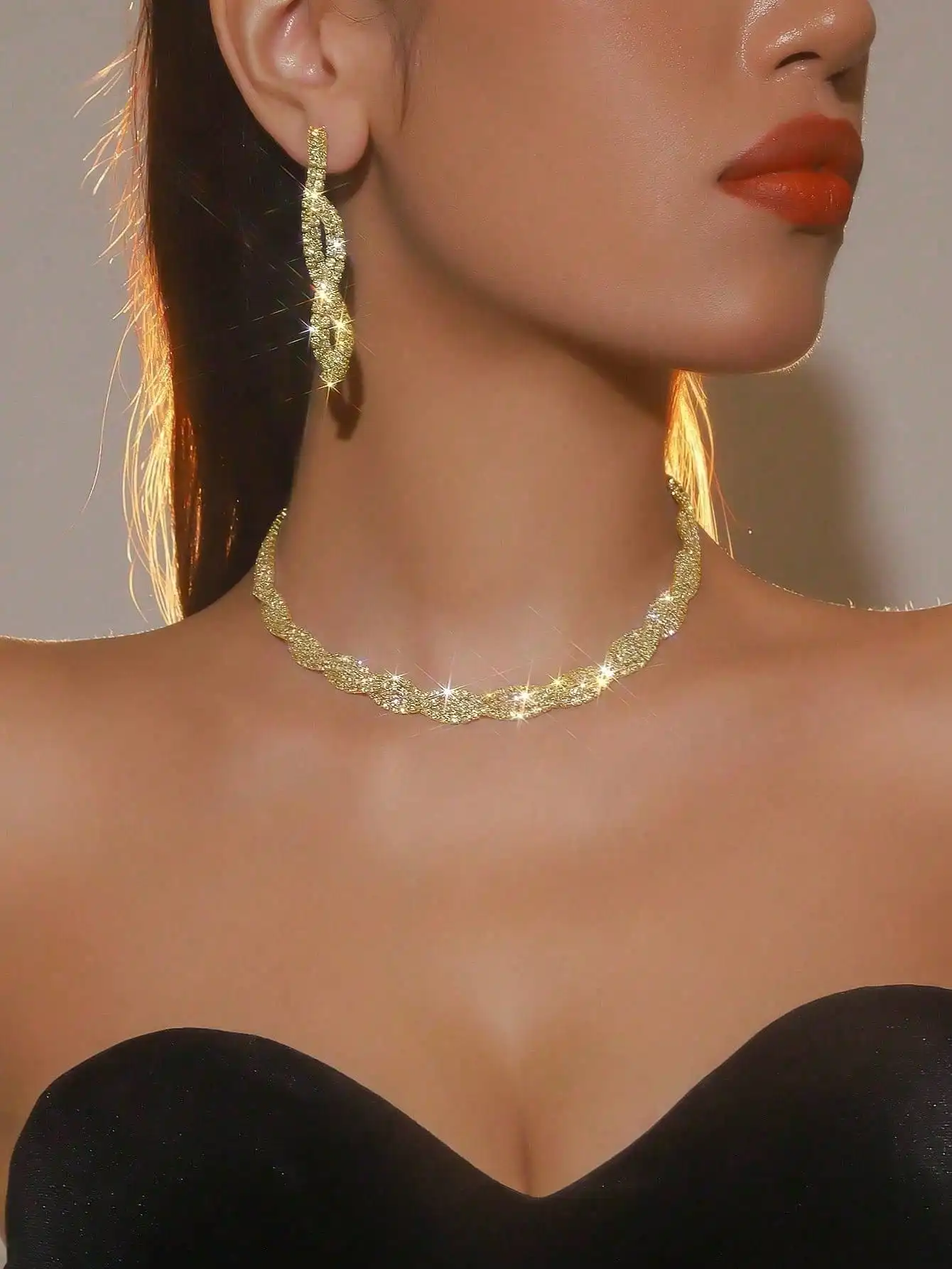 Drop Earrings - Twisted Design Crystal Rhinestone Choker Necklace