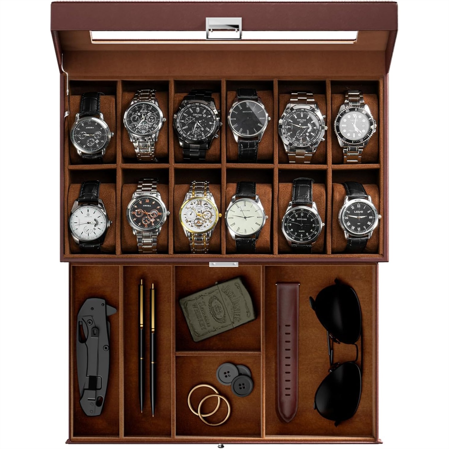 Jewelry Watches Box - 12 Slot Watch Box with Drawer,
