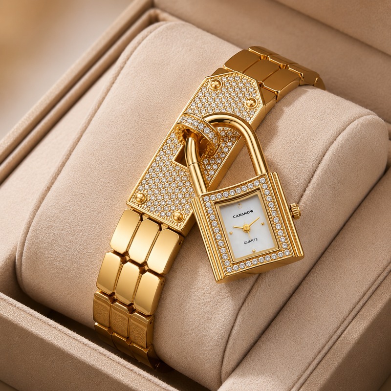 Jewelry Clasp Watches - Gold Lock-Shaped Women's Watch Luxury Diamond