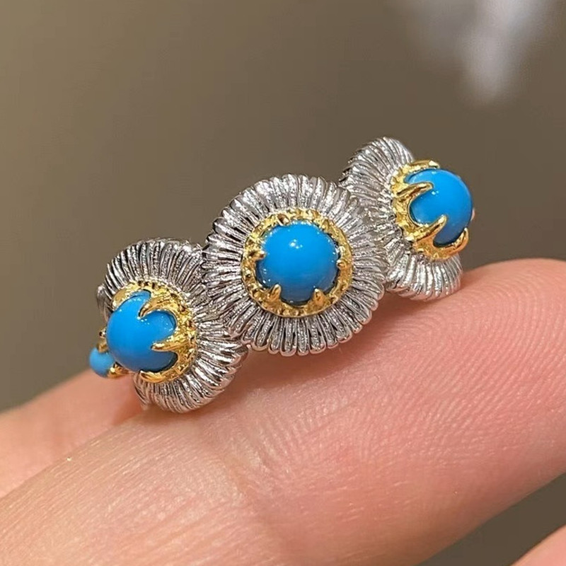 Turquoise Stone Ring - Natural Blue Turquoise Stones Daisy Pattern