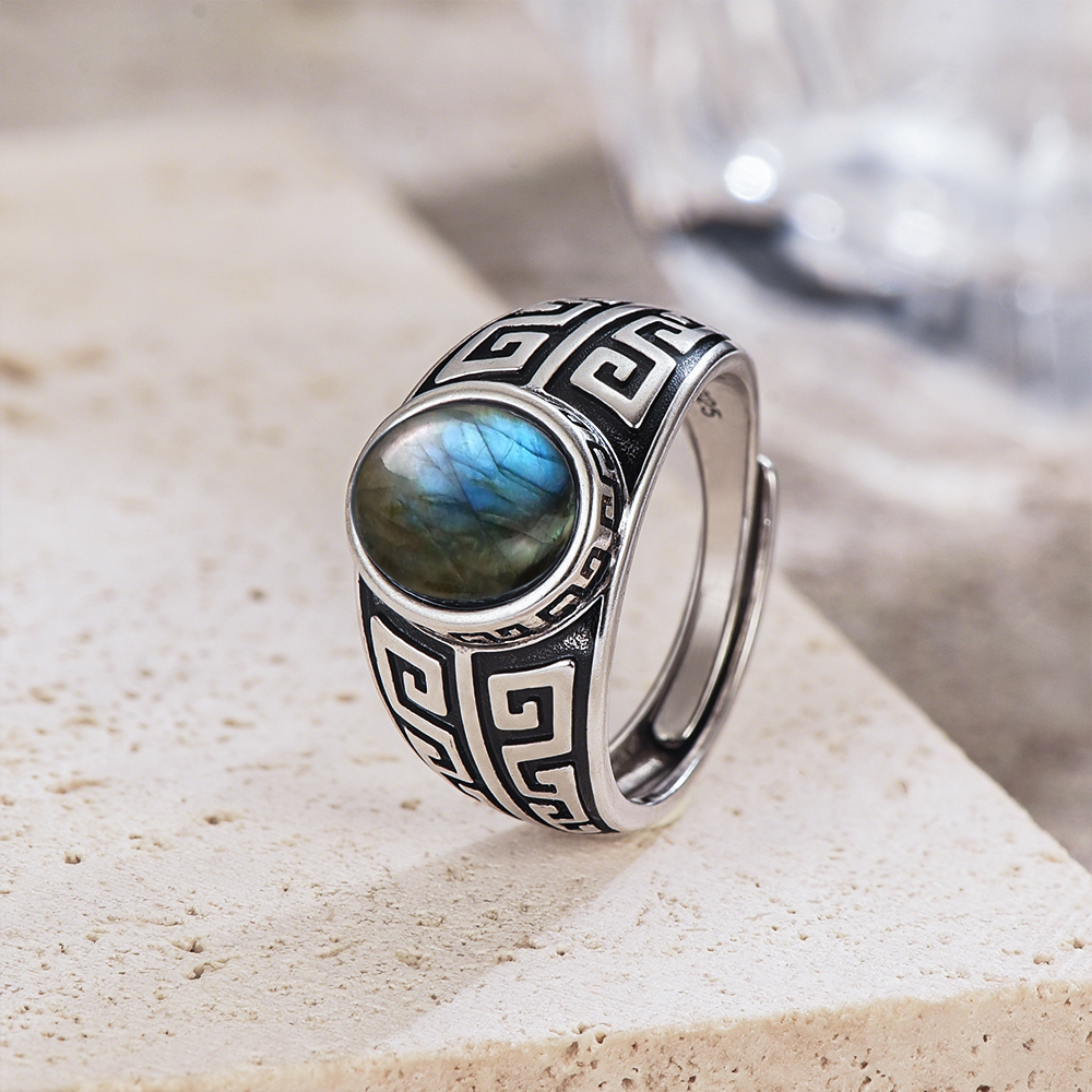 Turquoise Stone Ring - Vintage 925 Sterling Silver Labradorite Adjustable