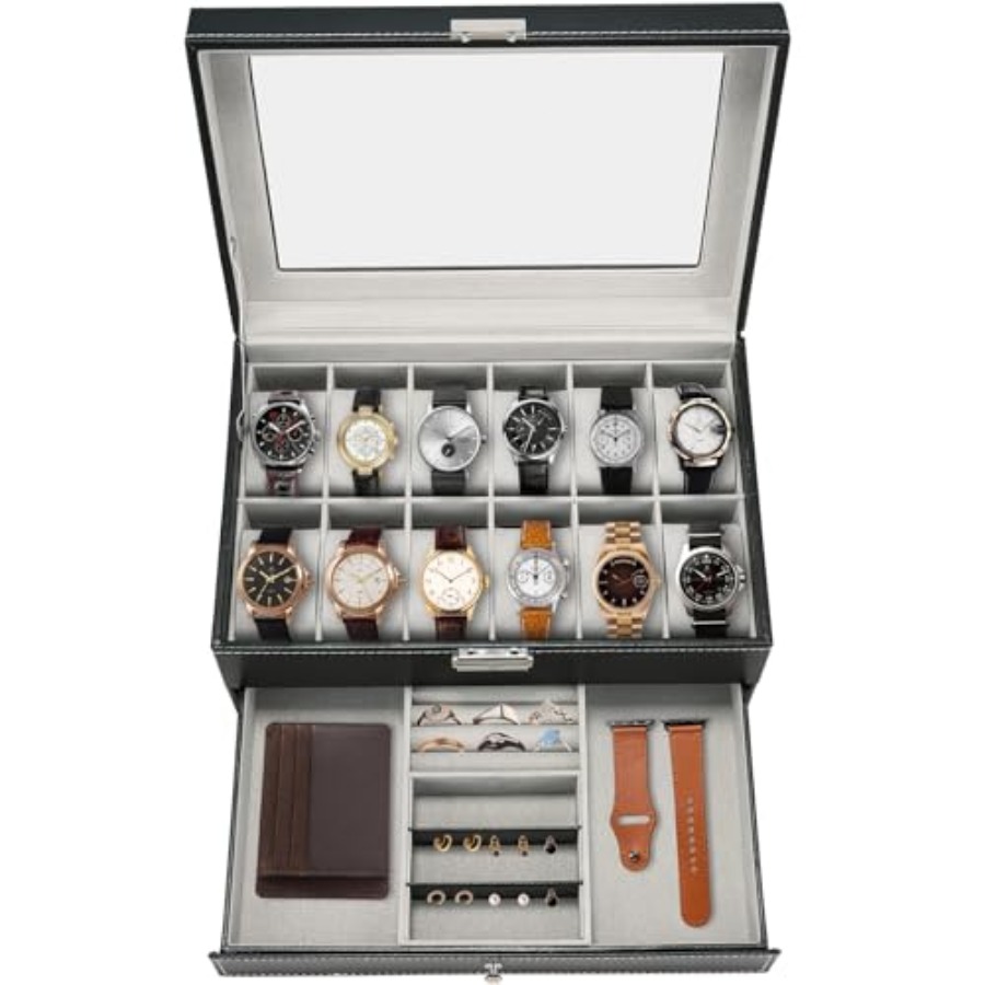 12 Slot PU Leather Lockable Wa - Jewelry Watches Box บทวิจารณ์และราคา