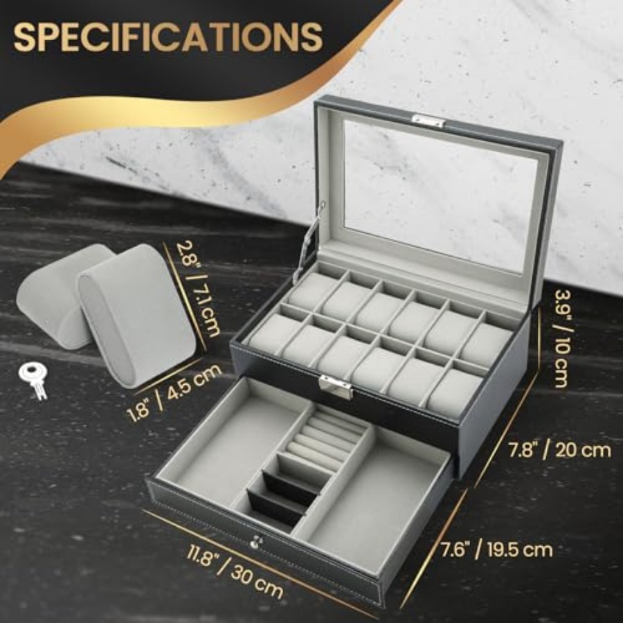 12 Slot PU Leather Lockable Wa - Jewelry Watches Box บทวิจารณ์และราคา