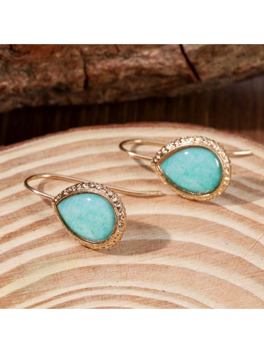 2PCS Bohemian Teardrop Earring - Turquoise Stone Ring บทวิจารณ์และราคา