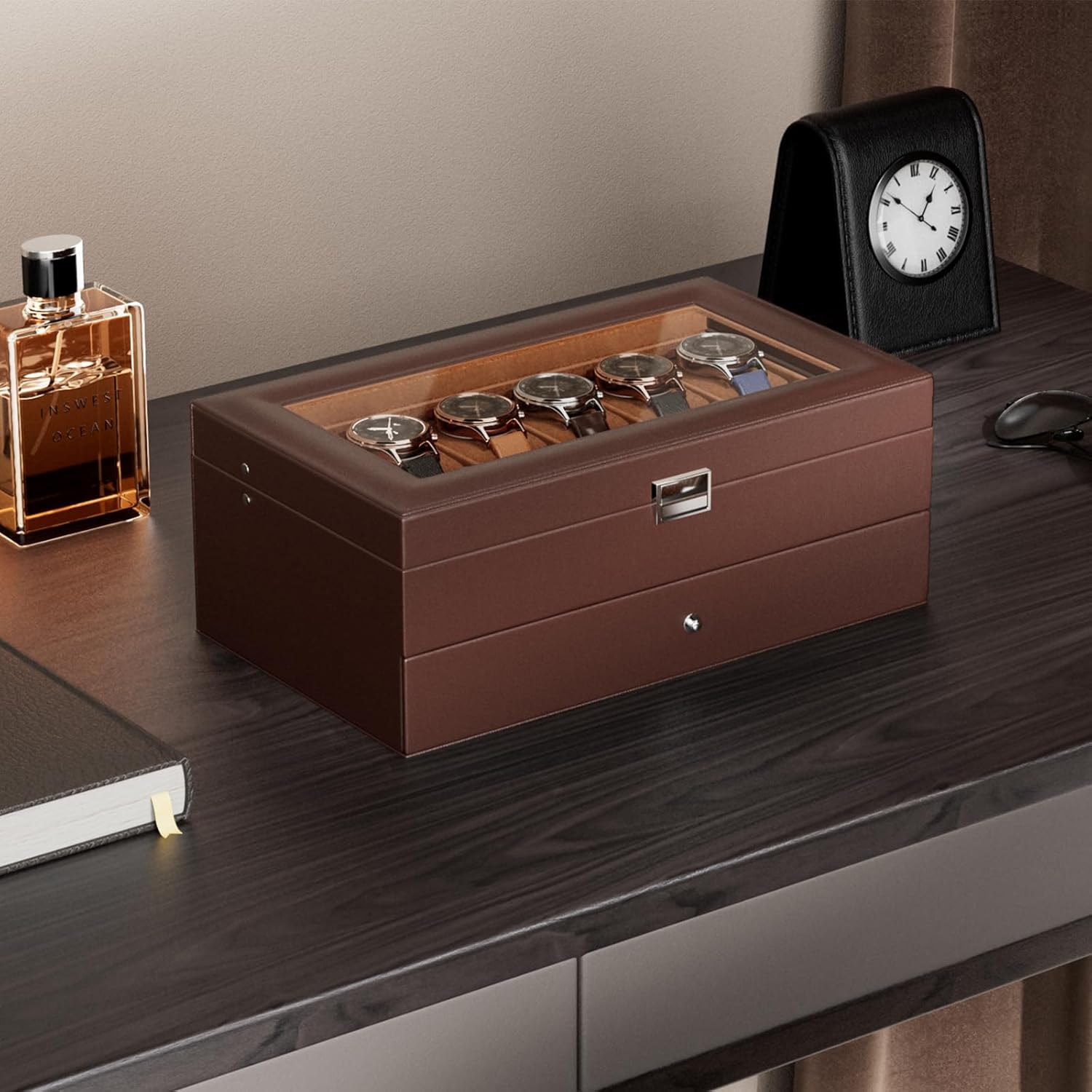 12 Slot Watch Box with Drawer, - Jewelry Watches Box บทวิจารณ์และราคา