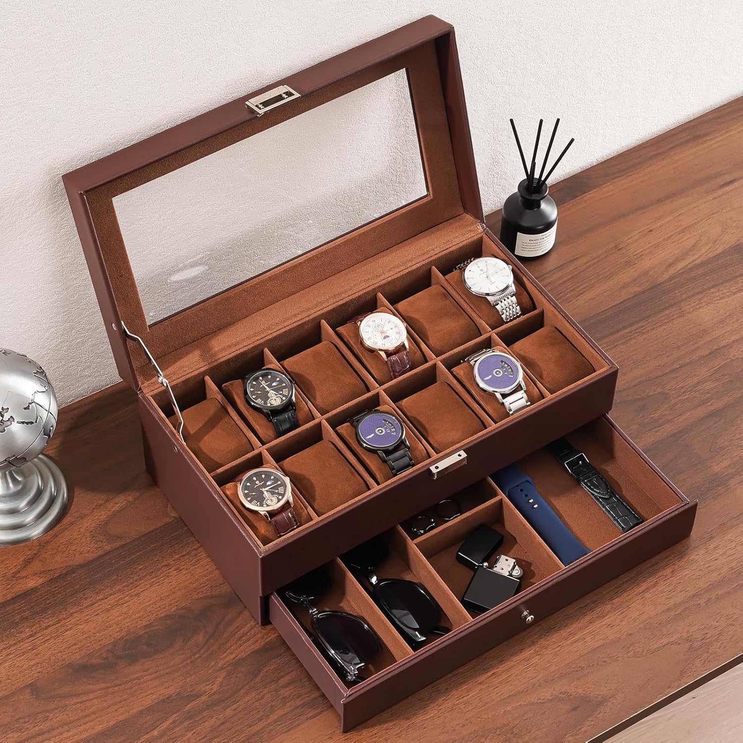 12 Slot Watch Box with Drawer, - Jewelry Watches Box บทวิจารณ์และราคา
