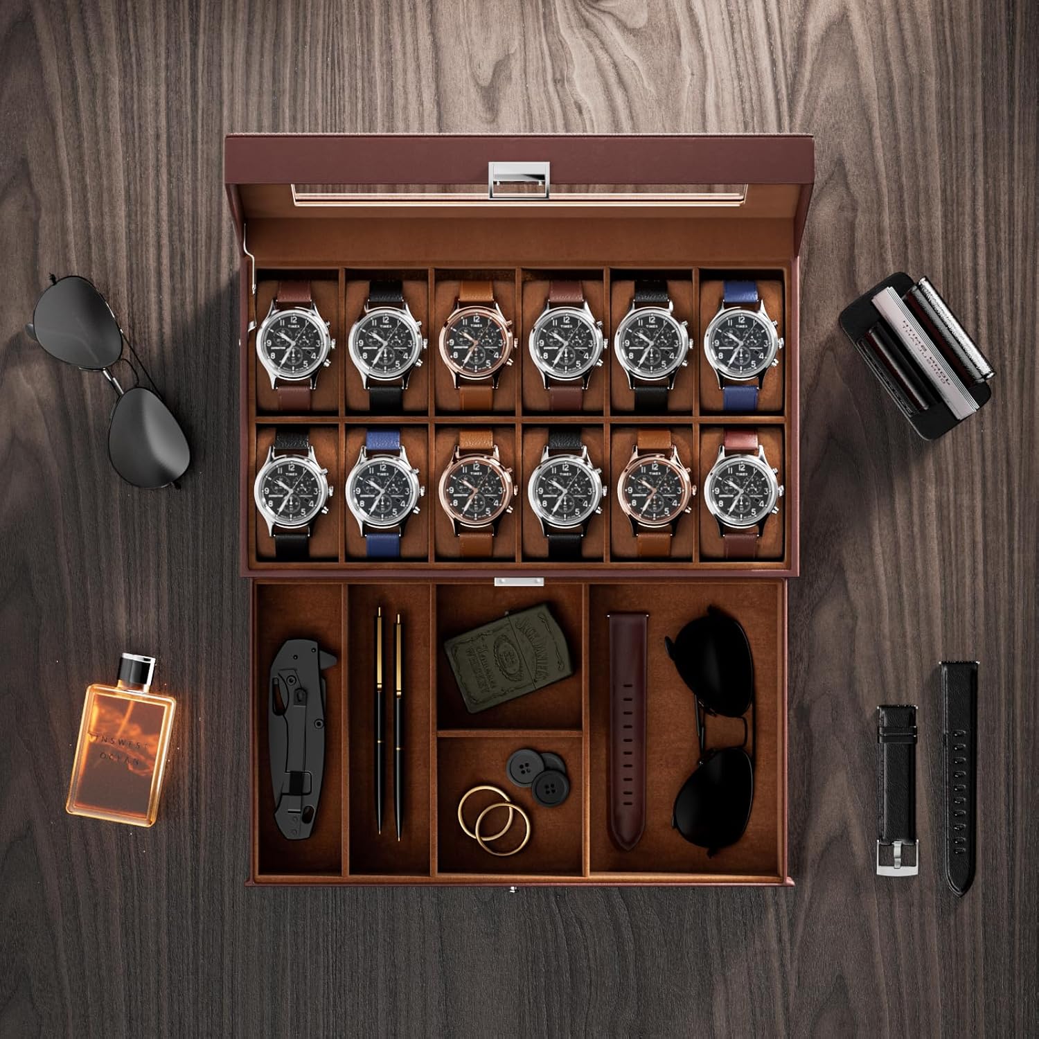12 Slot Watch Box with Drawer, - Jewelry Watches Box บทวิจารณ์และราคา