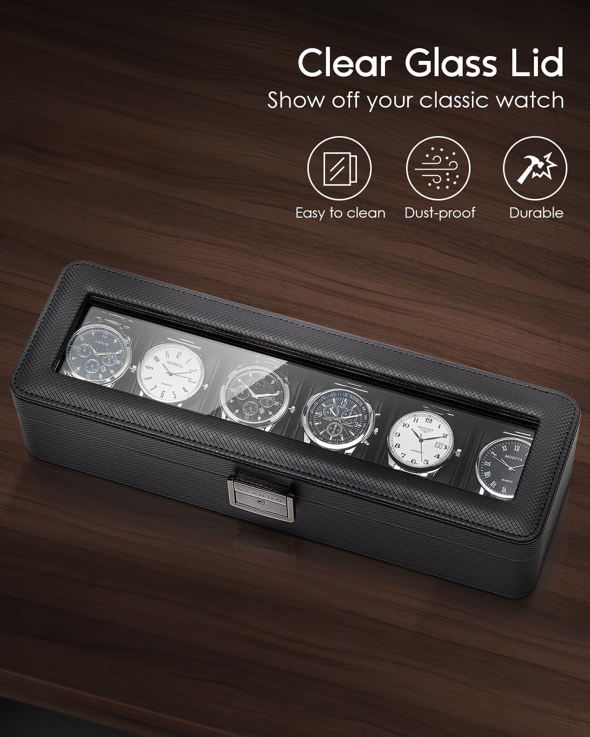 6-Slot Watch Case with Glass L - Jewelry Watches Box บทวิจารณ์และราคา