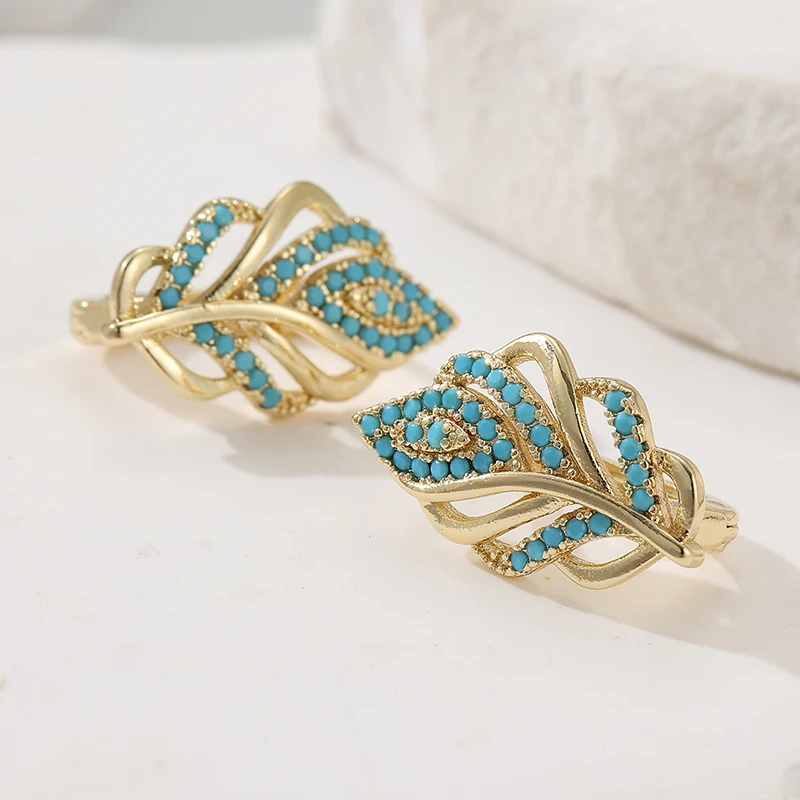 Creative Leaf Shaped Hoop Earr - Turquoise Stone Ring บทวิจารณ์และราคา